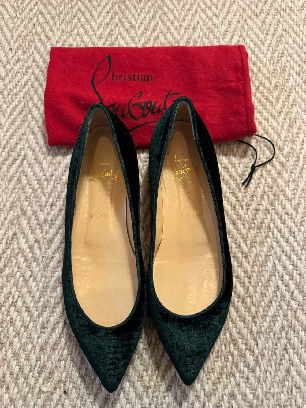 Christian Louboutin Green Velvet Pointed Toe Flats | Size 37